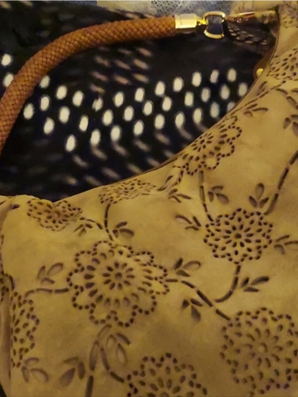 COLE HAAN H06 Collection Brown Suede Lazer Preforated Floral Motif Hobo Bag - Picture 6 of 14
